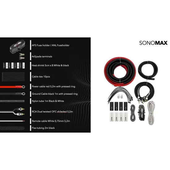SonoMax ACK vahvistimen asennuskitti – CCA-virtakaapeli + OFC RCA-kaapeli