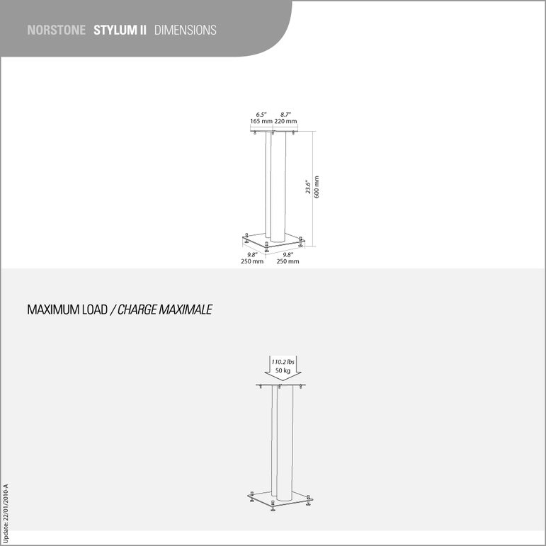 NorStone Stylum 2 kaiutinjalustapari – 600mm, säädettävät piikit, satiinimusta/valkoinen/hopea/tammi